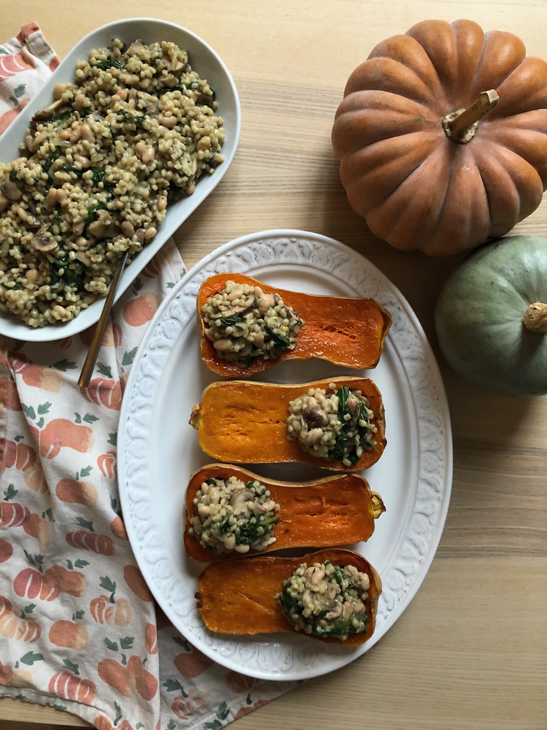 Butternut squash stuffed with barley risotto and mushrooms