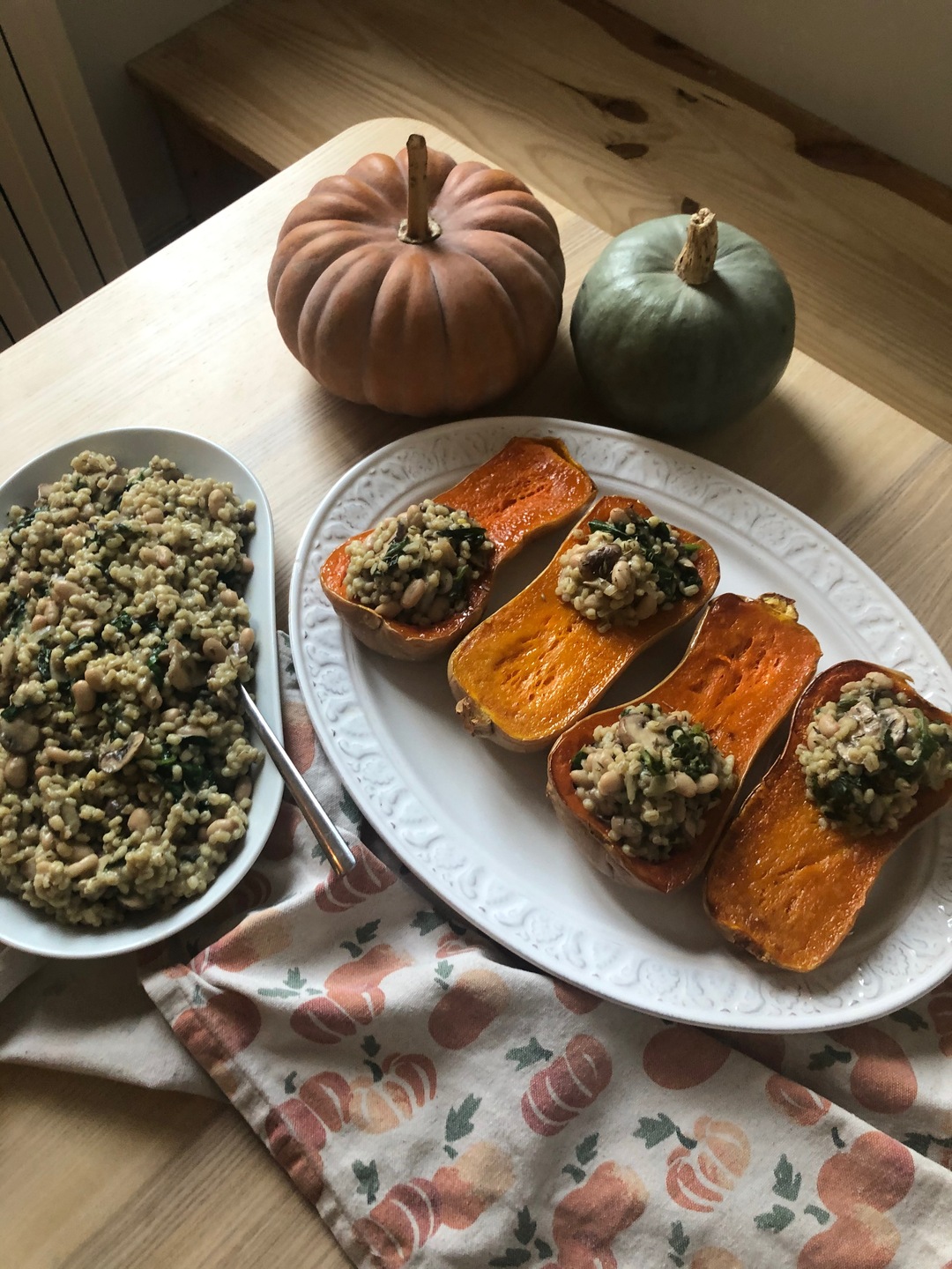 Butternut squash stuffed with barley risotto and mushrooms